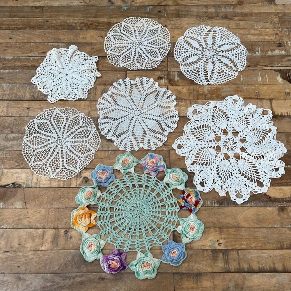 Lot of 7 Handmade Crochet Cotton Lace Doilies About 11" Long
